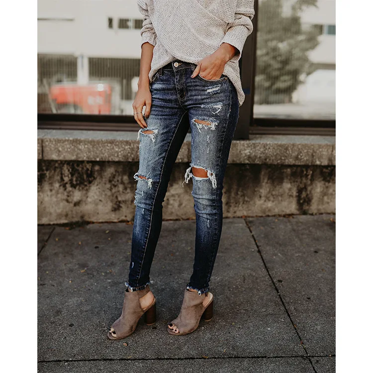 

Women's jeans with holes, small feet, middle waist jeans