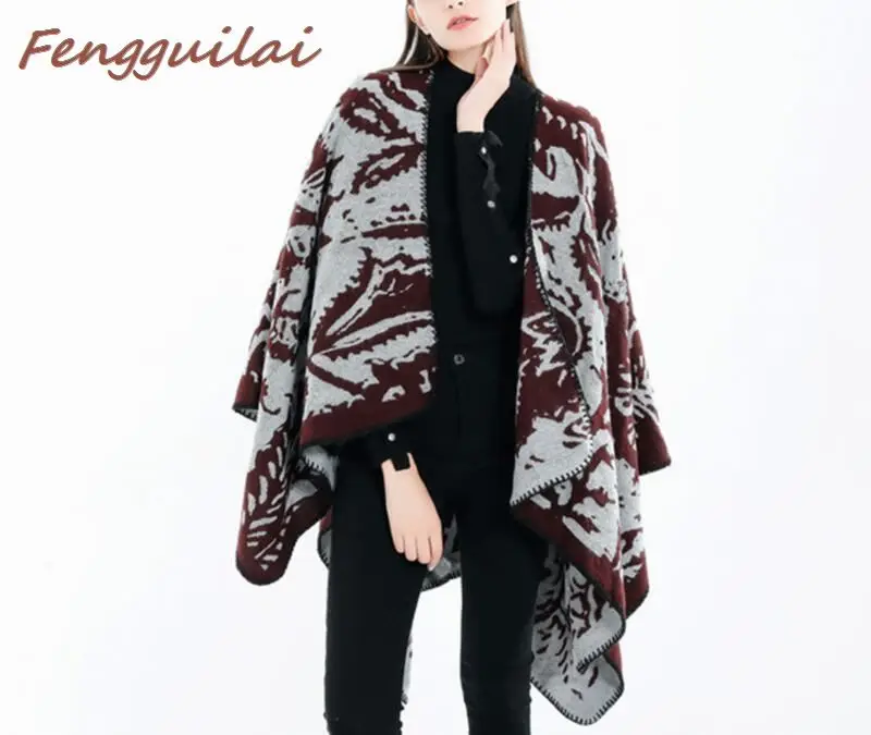 

2019 Winter Causal Loose Tassel Knitted Cashmere Batwing Fashion Women Duplex Shawl Long Sleeve Cardigan Long Thick Poncho Capes