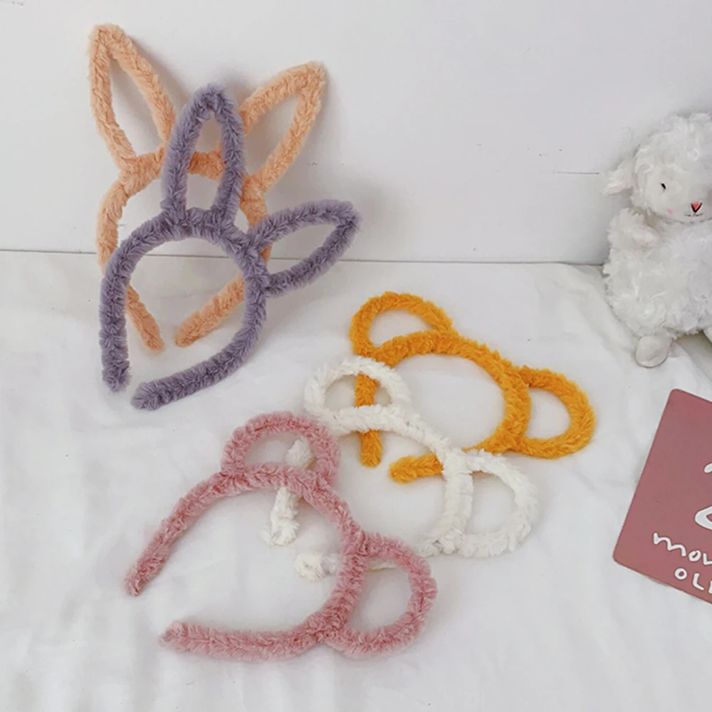 Повязка на голову детская однотонная с ушками медведя кролика кота плюшевая