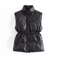 zxqj women black sleeveless leather vest 2021 autumn winter fashion ladies casual waist jacket femal loose thick warm vest coat