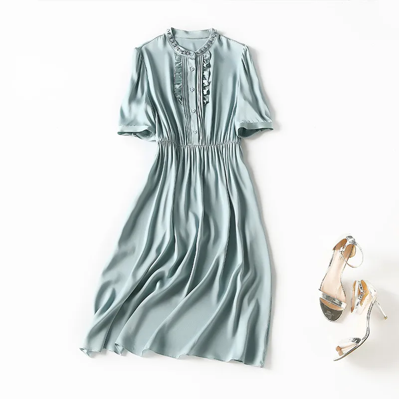 

Silk Dress Women Summer Short Sleeve Midi Blue Solid Elegant Fashion Office Lady Dresses Woman Clothing Vestidos De Mujer Casual