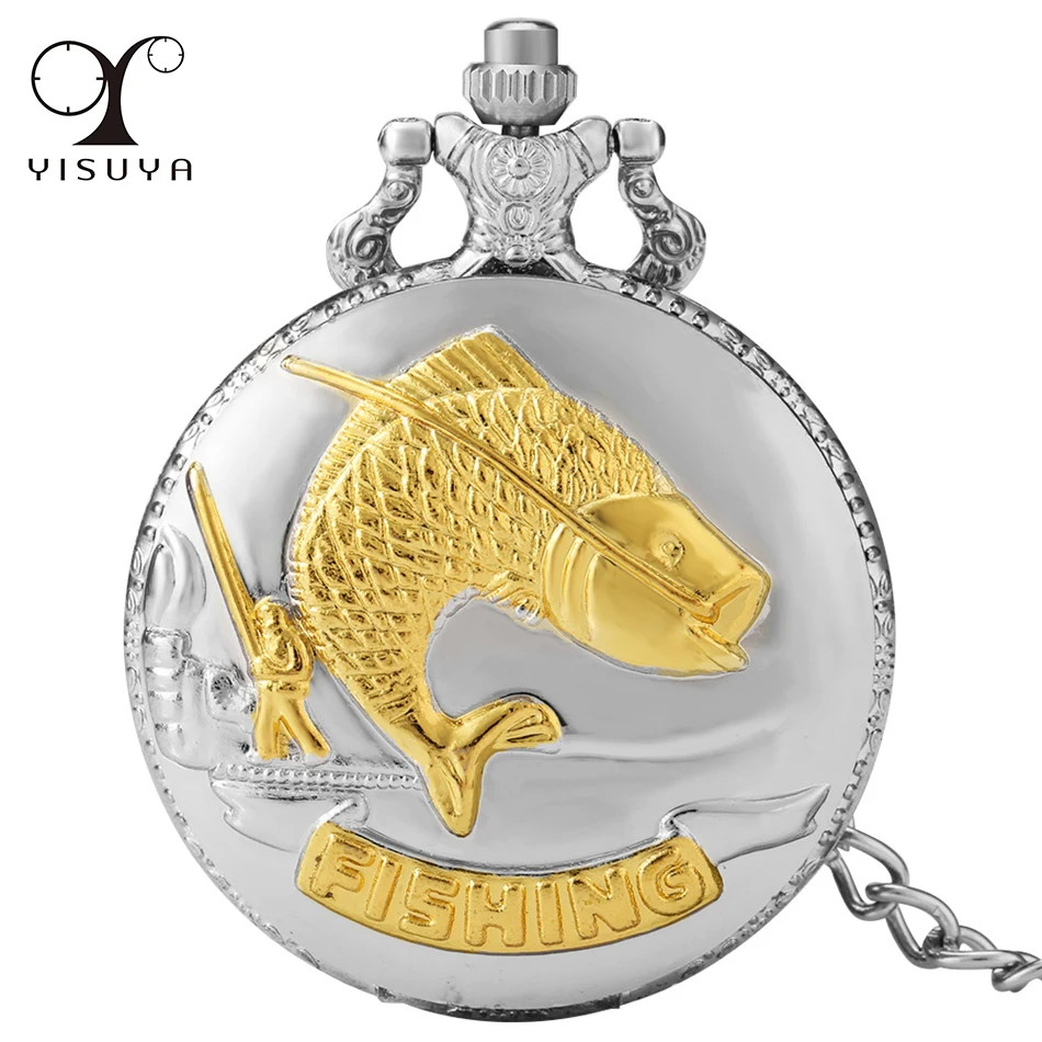 

Fishing Design Quartz Pendant Pocket Watch Silver Gold Full Hunter Pocket Chain Arabic Numerals Dial Antique Clock Gifts Unisex