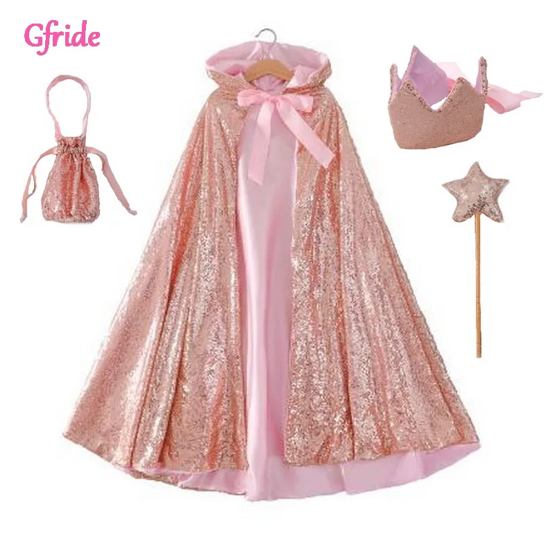 Длинный плащ Снежной королевы с блестками и капюшоном для маленьких девочек