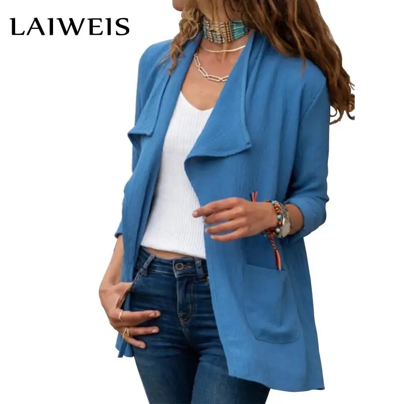 

LAIWEIS Cardigan Coat Autumn Cotton Blends Pockets Long Sleeve Lapel Collar Slim Women Casual Overcoat Outerwear Jacket Blusas