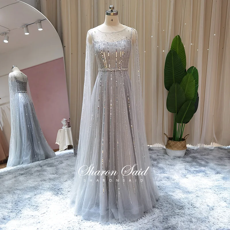 

Luxury Dubai Silver Arabic Evening Dress with Cape Sleeve Gold Beading Long Women Formal Dresses for Wedding Guest Party Gowns