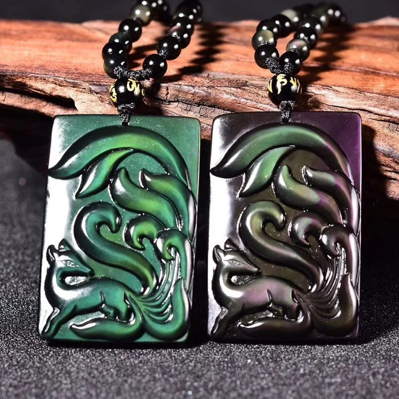 

2019 Natural gold meteorite rainbow obsidian fox pendant for men women gold obsidian pendant Necklace with beads chain