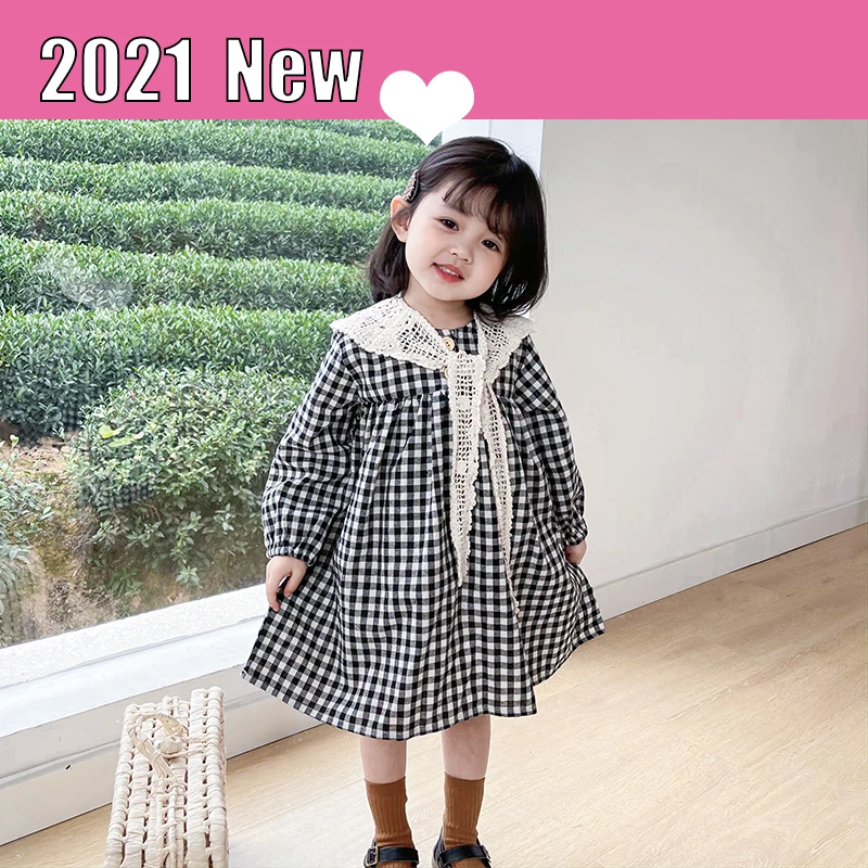 

2021 Spring Autumn Korean Teenage Girls Lace Shawl Plaid Long Sleeve Dress Kids Cute Princess Dress Girls Elegant Casual Dress 2