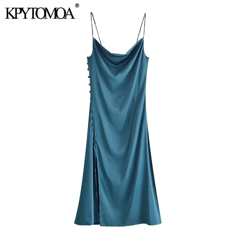 KPYTOMOA Women Chic Fashion Side Buttons Silt Cozy Midi Camisole Dress Vintage Backless Thin Straps Female Dresses Mujer | Женская