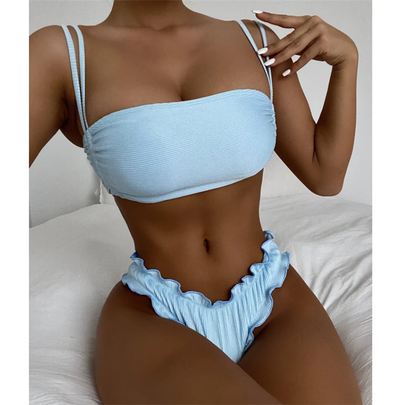 

Sexy Bandeau Swimwear Women Push Up Ruffle Bikini 2021 Solid Brazilian Swimsuit Female 2 Piece Women's Swimming Suit Biuqini Set