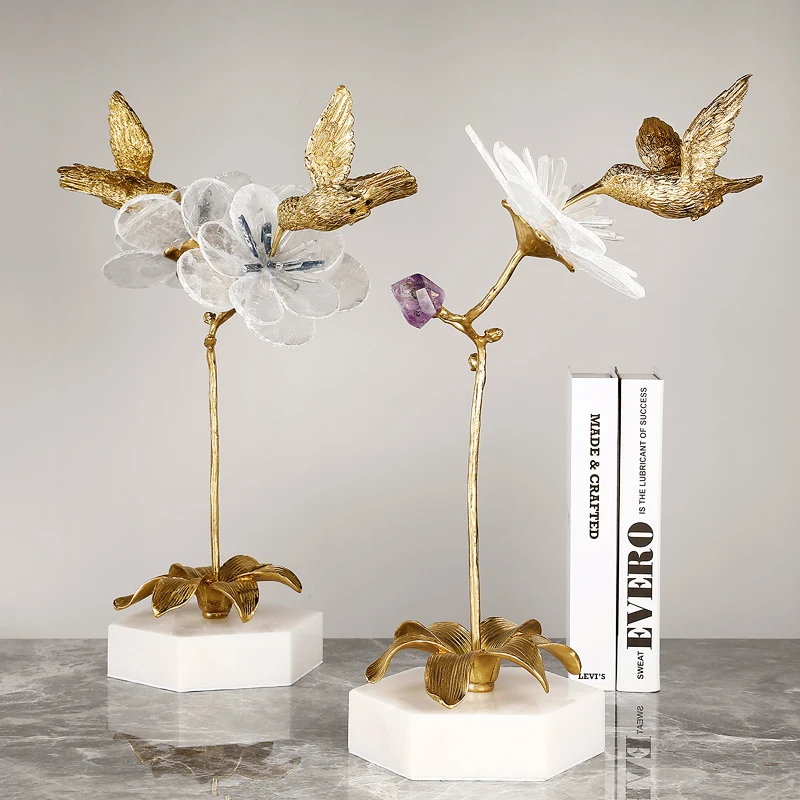 

Blooming Flowers Natural Spar Petal With Copper Bird Marble Base Figurines Craft Ornament Home Decor Accessories Christmas Gifts