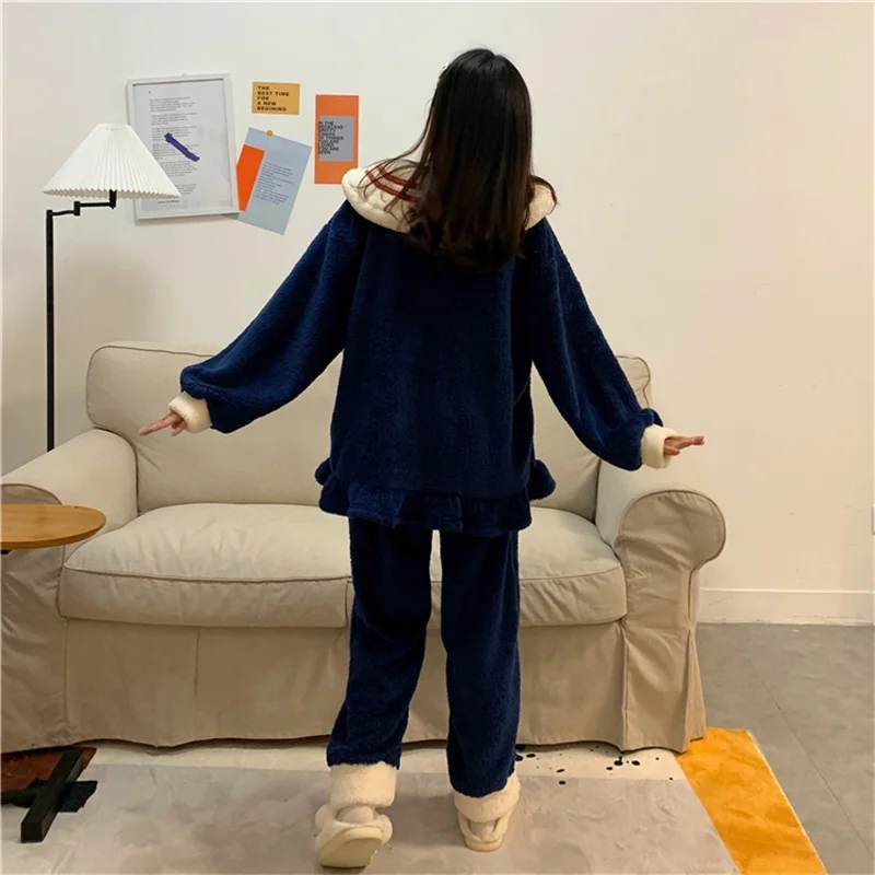 Tracksuit Sweety Girly Kawaii Peter Pan Collar Bow Color Contrast Full Sleeve Ruffle Tops Fleece Home Pajamas Two-Piece Suit