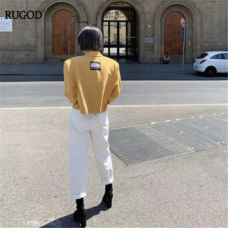 RUGOD/женский однотонный блейзер с надрезом в Корейском стиле короткие блейзеры