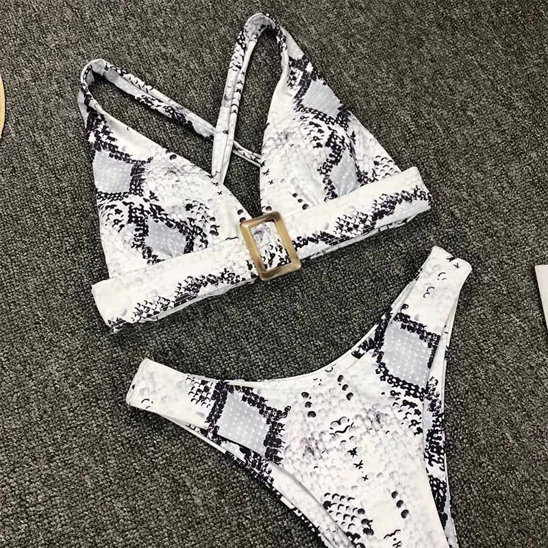 

2020 New Sexy Snake pattern printed square buckle Mid Waist Bikini Women Swimwear Female Swimsuit Two-pieces Bikini set