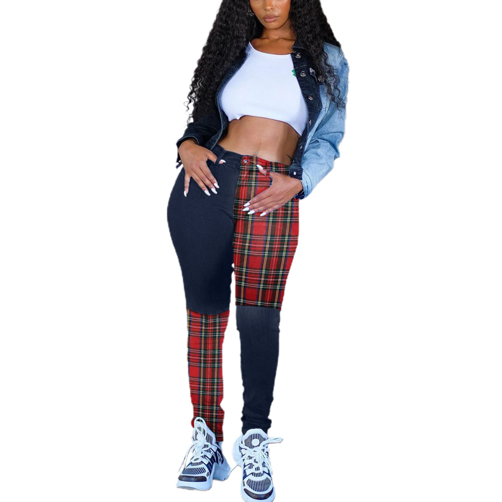 

Women's Trousers Splicing Grid Multi-Color Pocket Tights Lady Matching Pants Green Red Purple