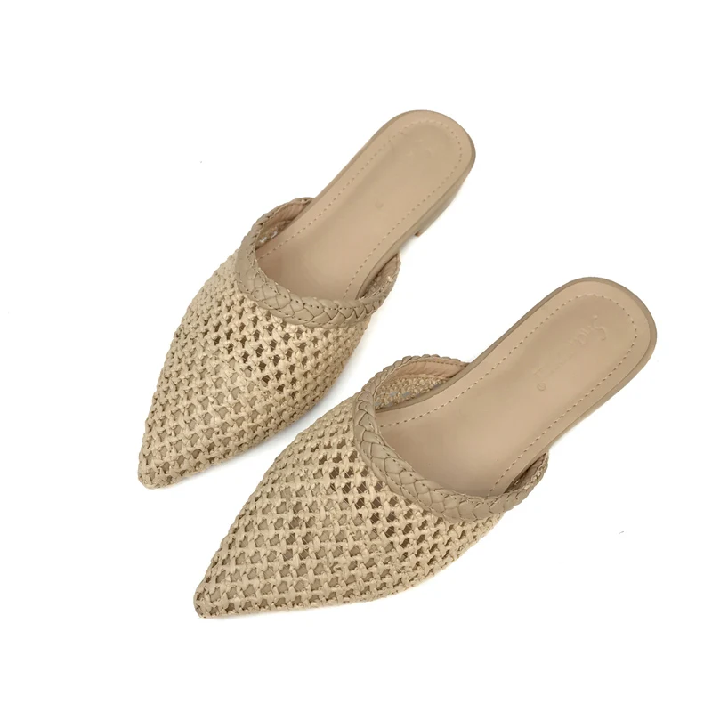 

SONDR Women Pointed Toe Low Heel Slippers Slide Sandals Summer Slippers Rattan Cane Woven Beach Shoes Woman Mule Flat Sandals