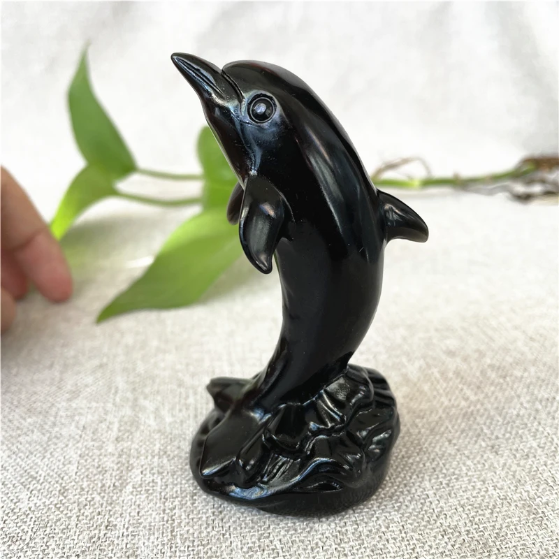 

9CM Cute Natural Stone Black Obsidian Handmade Carved Dolphin Animal Powerful Statue For Home Decoration Gift