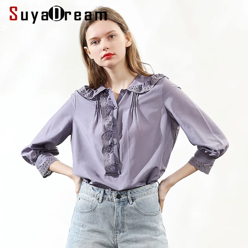 

SuyaDream женская блузка 25% Шелк 75% хлопок однотонный рукав 3/4 воротник Питер Пэн блузки 2022 весна лето рубашка