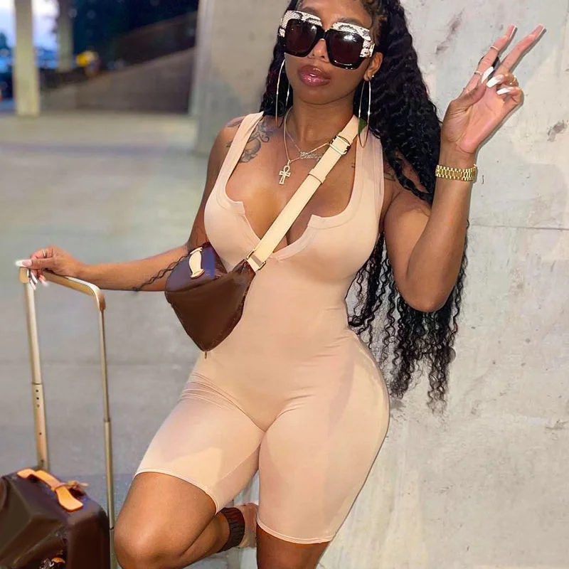 

Casual Women Close-fitting Overalls Solid Color V-neck Stretch Sleeveless Sexy Sporty Tank Skinny Playsuit