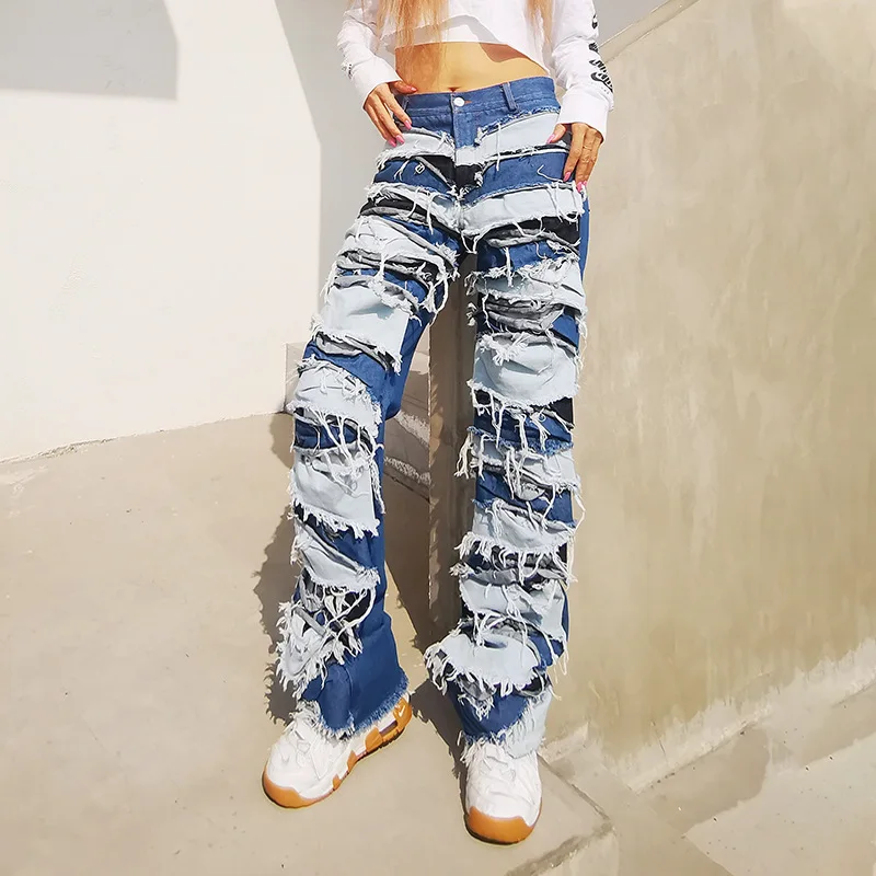 

2021 Spring Women's New Fashion Street Style Personality High Waist Heavy Industry Stitching Long Straight Fringed Women's Jeans