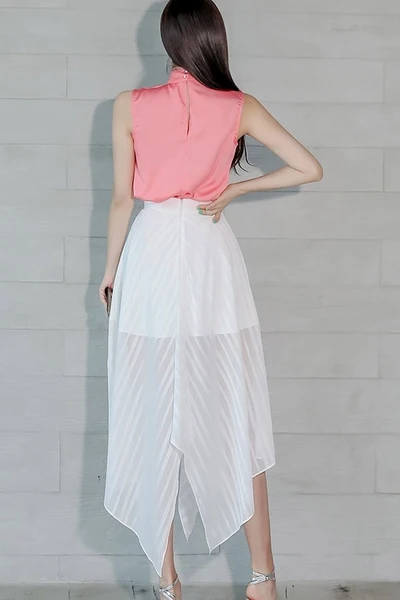 

LLZACOOSH 2020 New Summer Rose Sleeveless stand collar Tops + Elegant High waist irregular white Office skirt 2pcs Sets