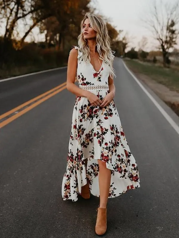 

Retro Sexy Backless Floral Print Dress Women 2021 New Summer Beach Vacation Robe Irregular Maxi Dress Femme Casual Boho Sundress