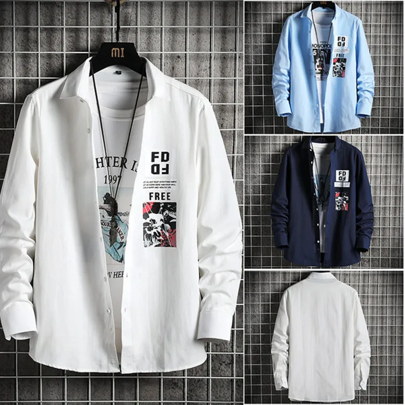 

High Quality Pattern Printing Retro Men's Japanese Casual Long-sleeved Shirt Harajuku Style Oxford Fashion Tooling Blouses