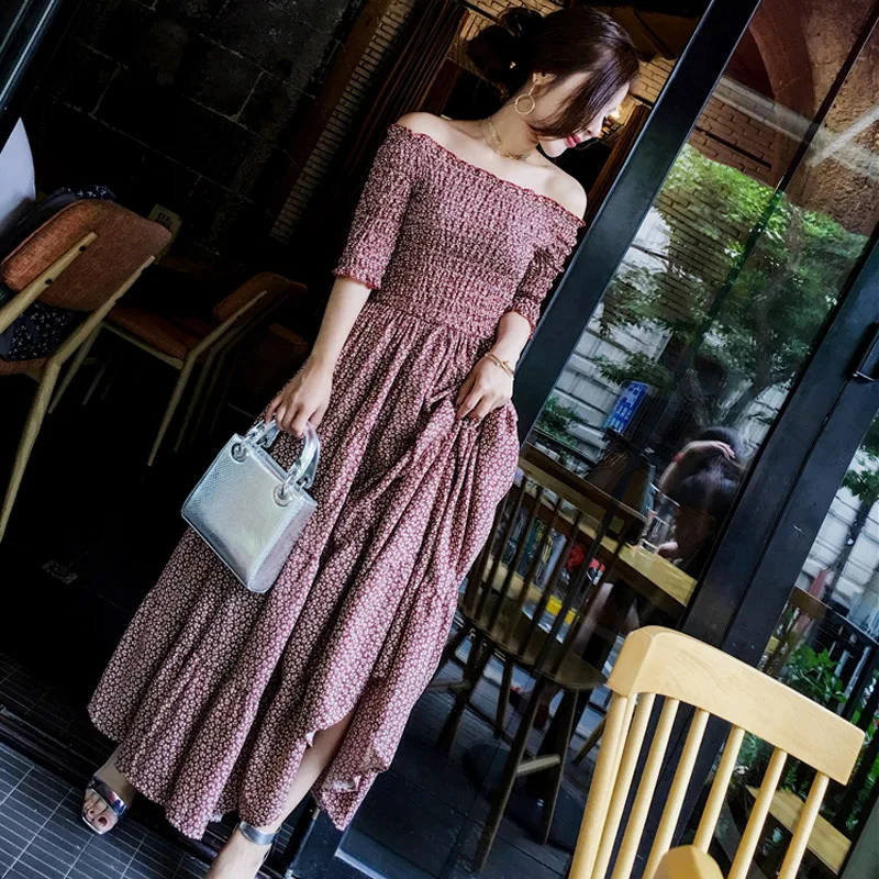 

Elegant Maxi Dresses for Women Slash-Shoulder Floral Dress Summer New Fashion Socialite Short Sleeve High-Waist Slimming Dress