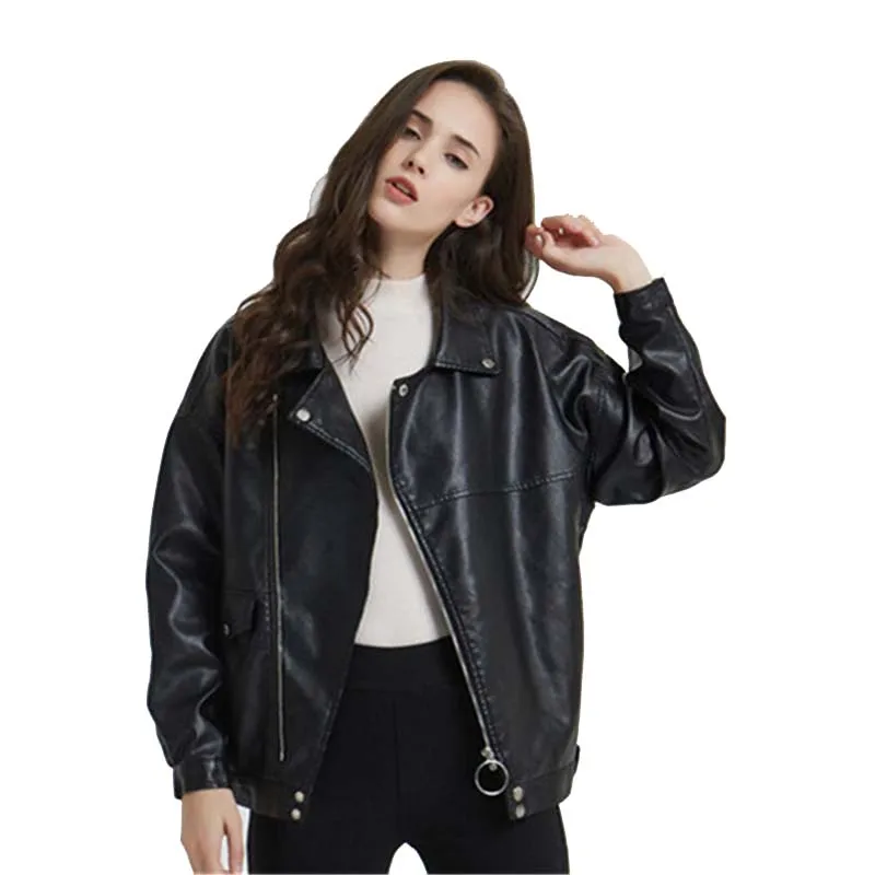 Boyfriend Style Black Faux Leather Biker Jacket for Women Cute Ladies Punk Rock Raglan Sleeve Slant Zipper PU Leather Jacket