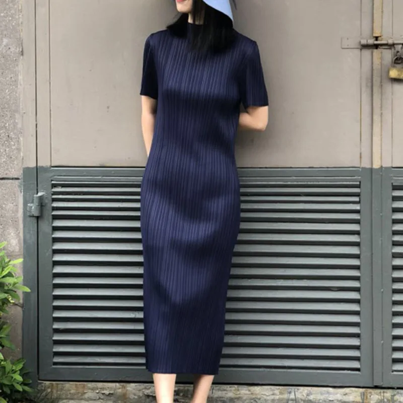 LANMREM Summer New Fashion Temperament Women Loose Plus Casual Half-neck Short Sleeve Pleated Solid Color Dress TC258