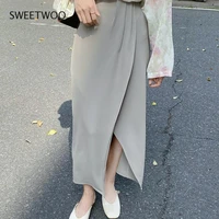 retro korean mid length one piece dress women loose solid color high waist chiffon skirt women 2021 springsummer 3 colors