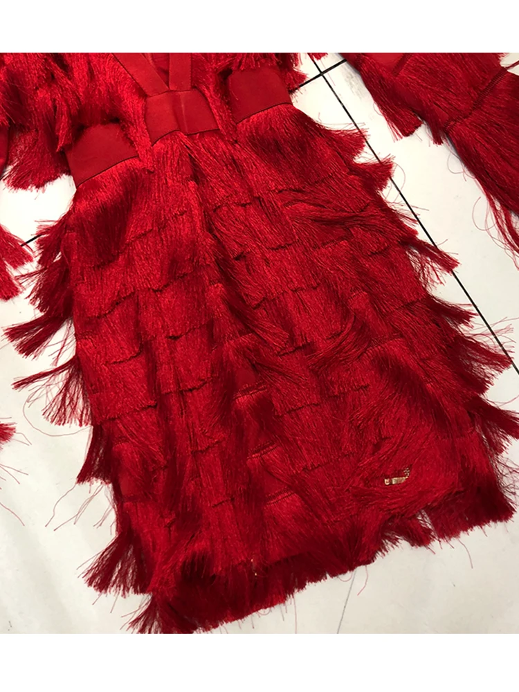 

First song Women's Tight Heavy Craft Tassel Sexy Dress 2020New Summer V-Neck Long Sleeve Retro Elegant Party Women's Dress XL