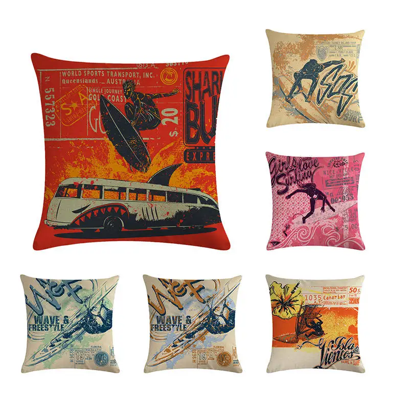 

Colorful Beach Pattern Cushion Cover Personality Surfboard Classical Lighthouse Style Pillowcase Home Decoration