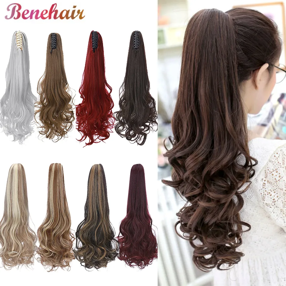 Benehair 18inch Claw On Ponytail Black Brown Red Gray Ombre Long Wavy Ponytail Synthetic Hairpiece Clip In Extensions For Women