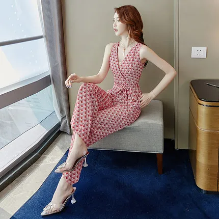 

Plaid Rompers Womens Jumpsuit Chiffon One Piece Pants Combinaison Pantalon Femme Wide Leg Pants Sashes Salopette