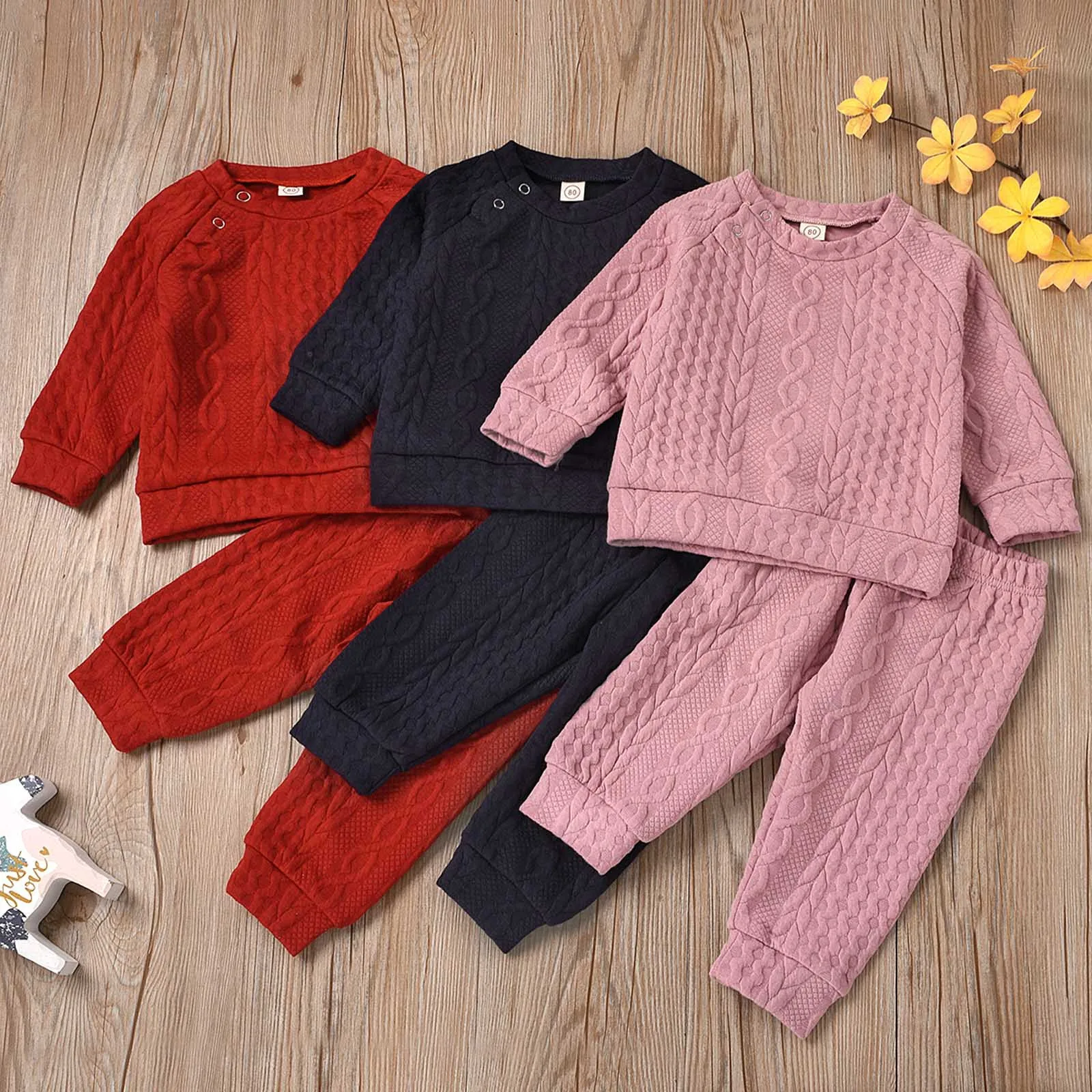 

Комплект одежды для маленьких девочек, Осенний Однотонный свитер с длинным рукавом и штаны, костюмы, детская одежда, повседневный наряд для ...