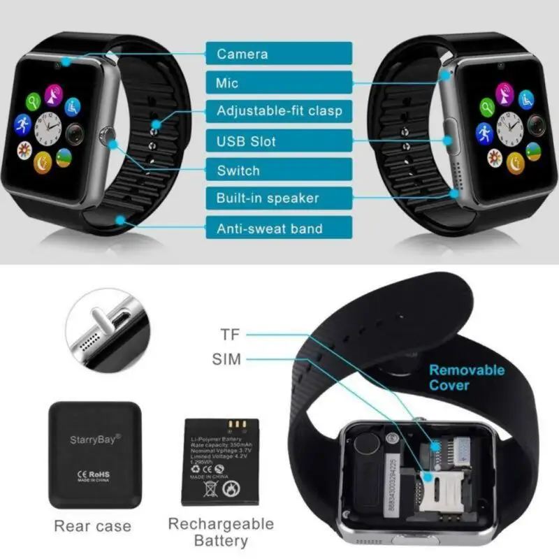GT08 Bluetooth Смарт-часы Сенсорный экран большой батарея поддержка TF Sim карты камера