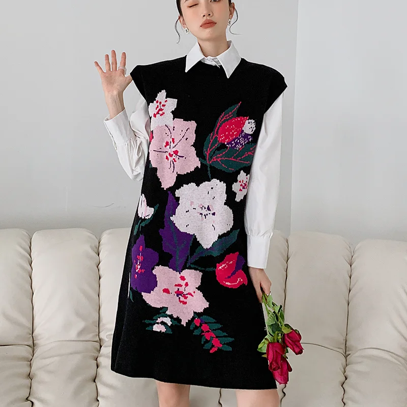 

Женское трикотажное платье-свитер без рукавов, винтажное свободное трикотажное платье-жилет с цветочным принтом в японском стиле, Осень-зи...