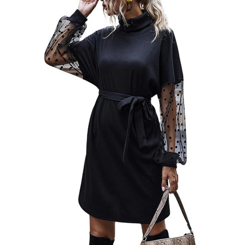 

Mesh Polka Dot Sexy Dress Long Sleeve See Through Slim Patchwork Elegant Autumn Party Club Black Casual Dress