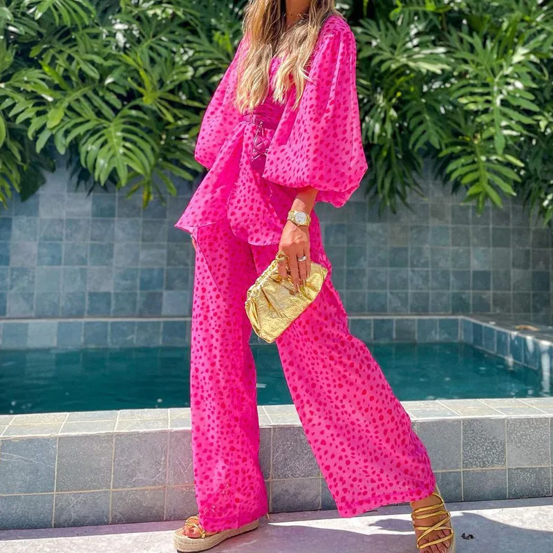 

Ladies Lantern Sleeve Shirt and Trousers Two-piece Large Size 2021 Summer Fashion Wide-leg Pants Solid Color Casual Top Suits