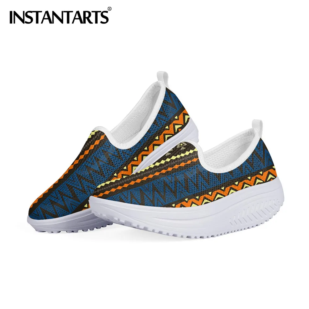 

INSTANTARTS Casual Women Sneakers Shoe Africa Tribal Classic Ethnic Print Height Increasing Ladies Mesh Summer Wedge Swing Shoes