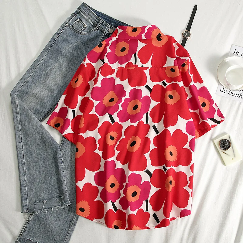 

2020 Floral Shirts Women Flower Print Blouses Short Sleeve Black Oversized Shirt Womens Tops Blusas Feminine Blouse Summer Top
