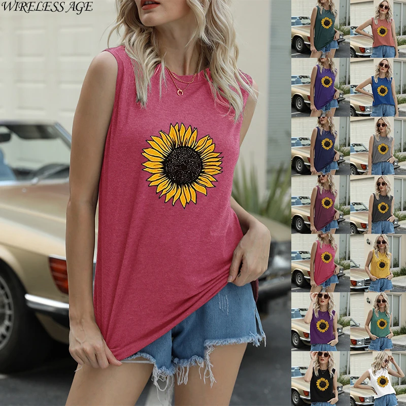 

WIRELESS AGE T Shirt Women Sleeveless Round Neck Sunflower Printed Loose Casual Women's Vest Tops 2021 New Summer Fashion Wild