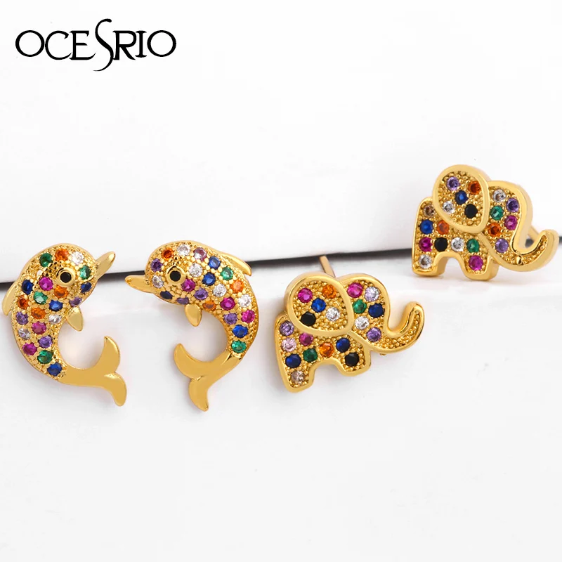 Женские серьги гвоздики в виде дельфина с разноцветным