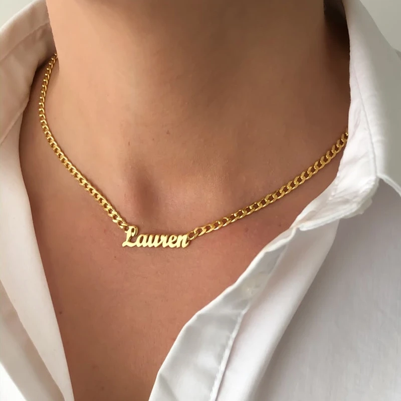 

Gold Color Cuban Chain Customized Name Pendant Necklace Personalized Stainless Steel Nameplate Name Necklaces For Women Choker