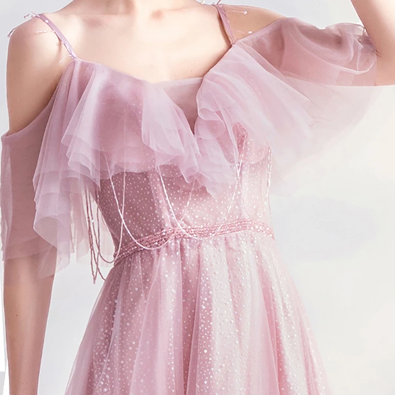 

Bespoke Occasion Dresses Illusion V-Neck Short Spaghetti Strap Beading Backless Lace Tulle Luxury Lady Formal Evening Gown TS107