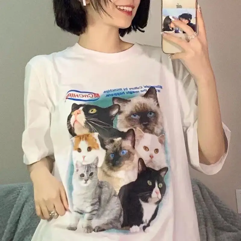 Футболка в стиле Харадзюку с принтом котят и круглым вырезом Y2K Повседневная