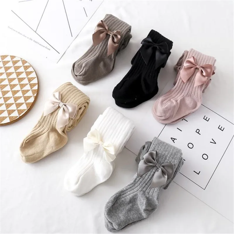 Колготки для маленьких девочек однотонные чулки с бантом Мягкие хлопковые