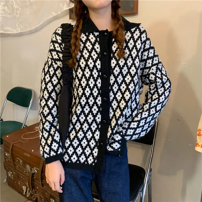 

Women's Autumn Oversize 2XL Casual Knit Retro Print Cardigan Top Women's Long Sleeve Lapel Single-breasted Sweater Cardigan