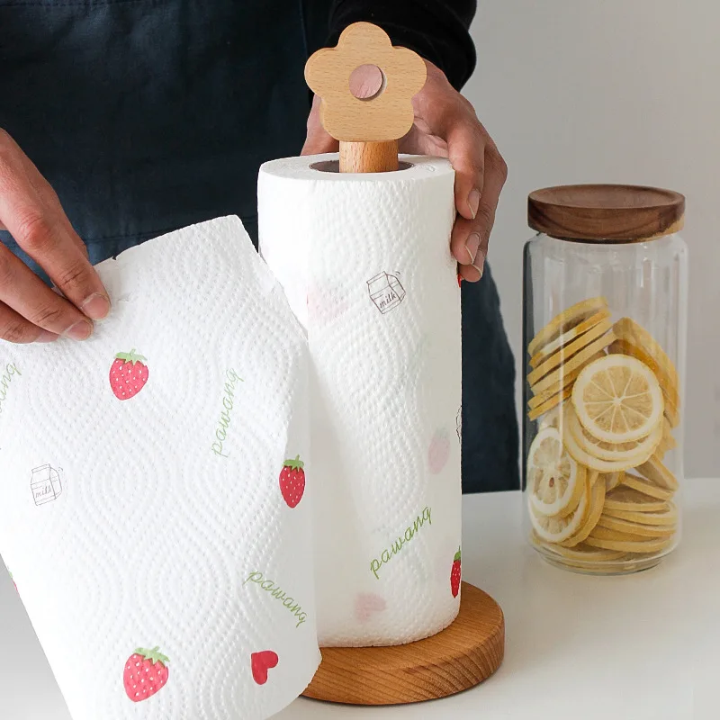 

JOYLIVE Lazy Rag Rack Japanese Creative Kitchen Vertical Solid Wood Roll Paper Holder Beech Paper Towel Rack Small Flower 2021