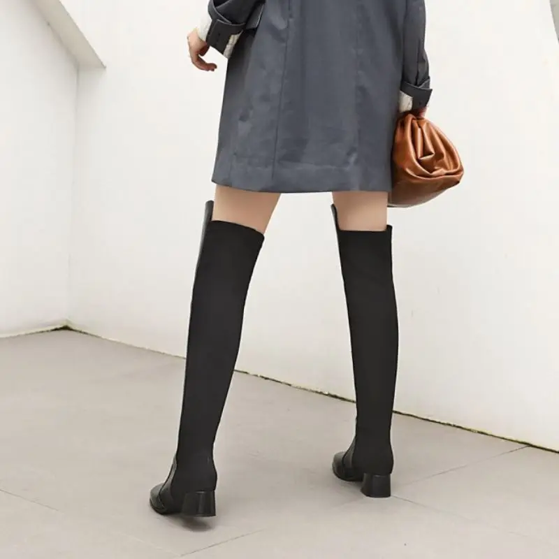 

RIZABINA Women Over Knee Boots Patchwork Thick Heel Women Winter Long Boots Fashion Cool Winter Shoes Women Footwear Size 32-43